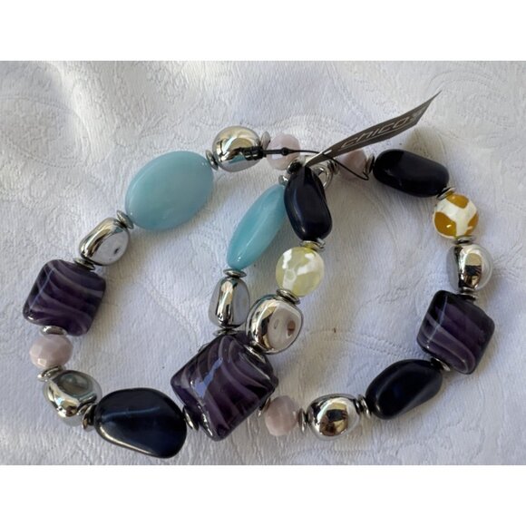 Chico's 2 PC Turquoise Blue Purple Silvertone Stretch Stackable Bracelet - NWT - Picture 13 of 16